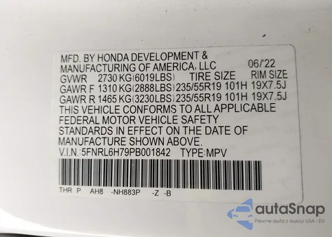 2023 Honda Odyssey Sport z USA, uszkodzony, nr VIN 5FNRL6H79PB001842